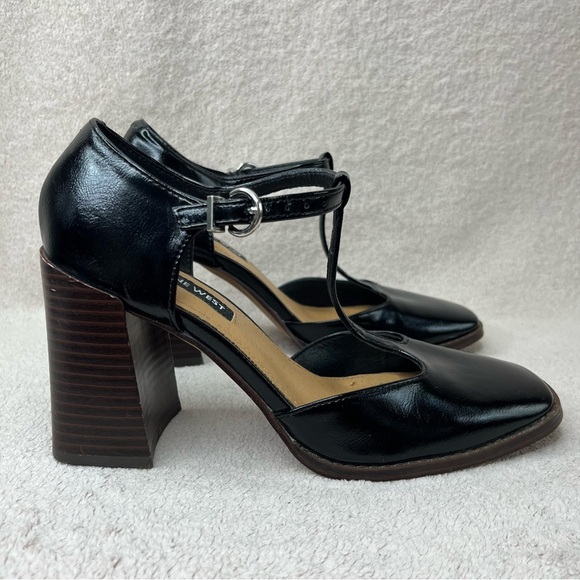 Nine West T-Strap Faux Leather Block Heels-Women’s 6-Black/Brown-Y2K-90s-Preppy - Picture 2 of 11